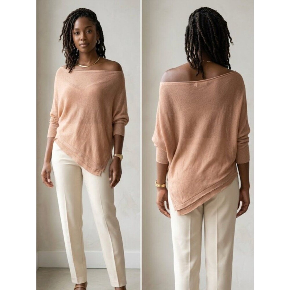 BCBG Asymmetrical Off The Shoulder Beige Mesh Lightweight Drape Knit Sweater XS